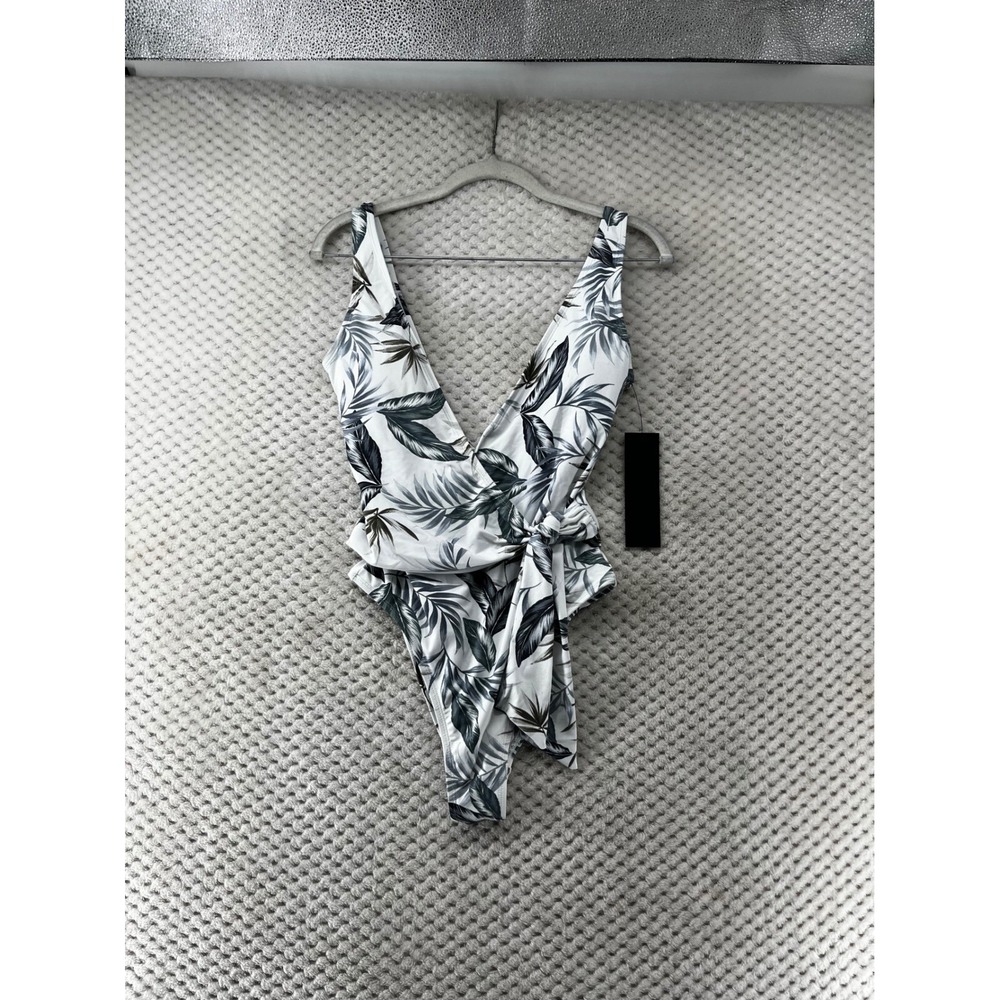 Mono B Plunge One Piece Swimsuit Tropical‎ Leaf Print Tie Front Vacation Medium